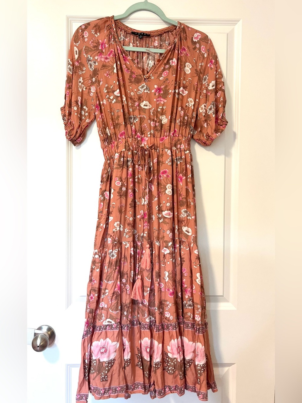 Rust Floral Boho Maxi Dress with Pink Accents